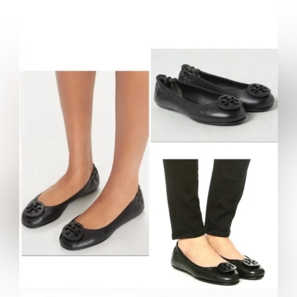 Tory Burch Minnie Travel Ballet Flats Black Leather 8.5 Foldable Logo Flats - Picture 2 of 10